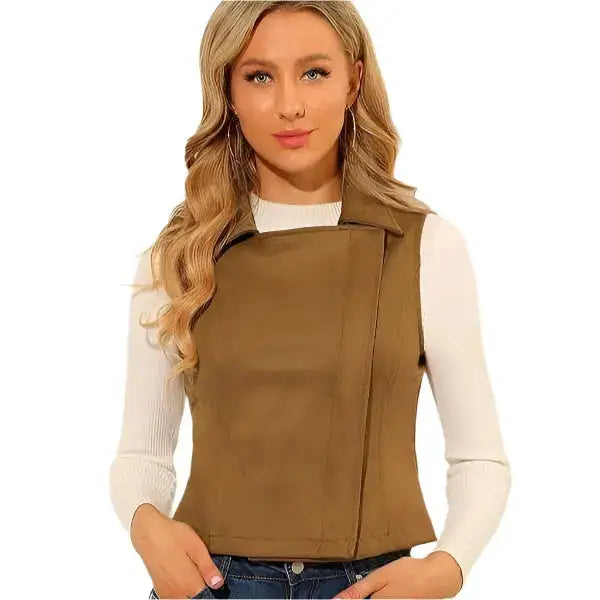 Women’s Tan Brown Suede Leather Biker Vest-1