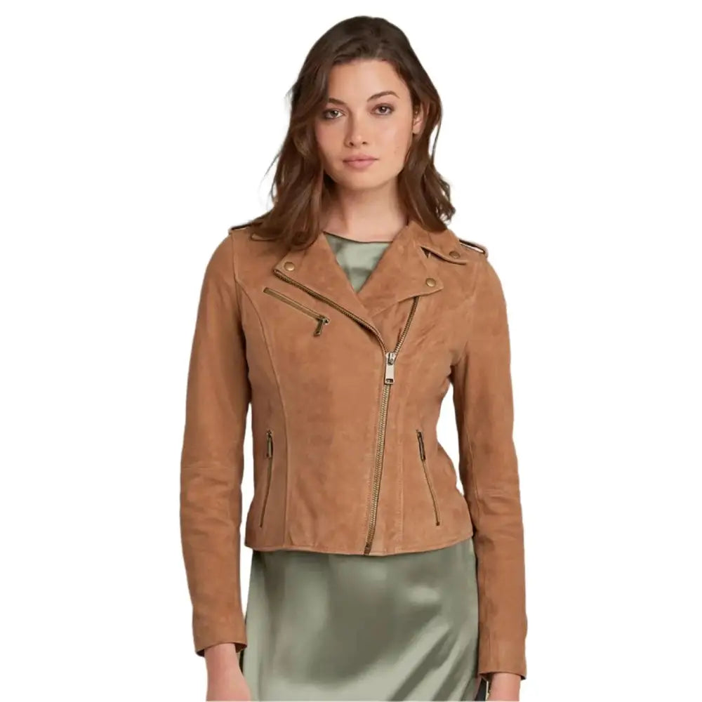 Women’s Tan Brown Suede Leather Moto Jacket-3