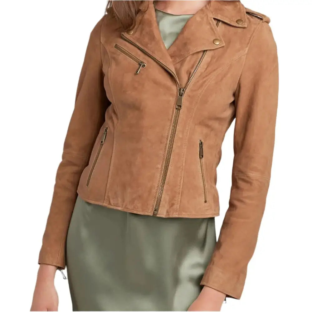 Women’s Tan Brown Suede Leather Moto Jacket-1