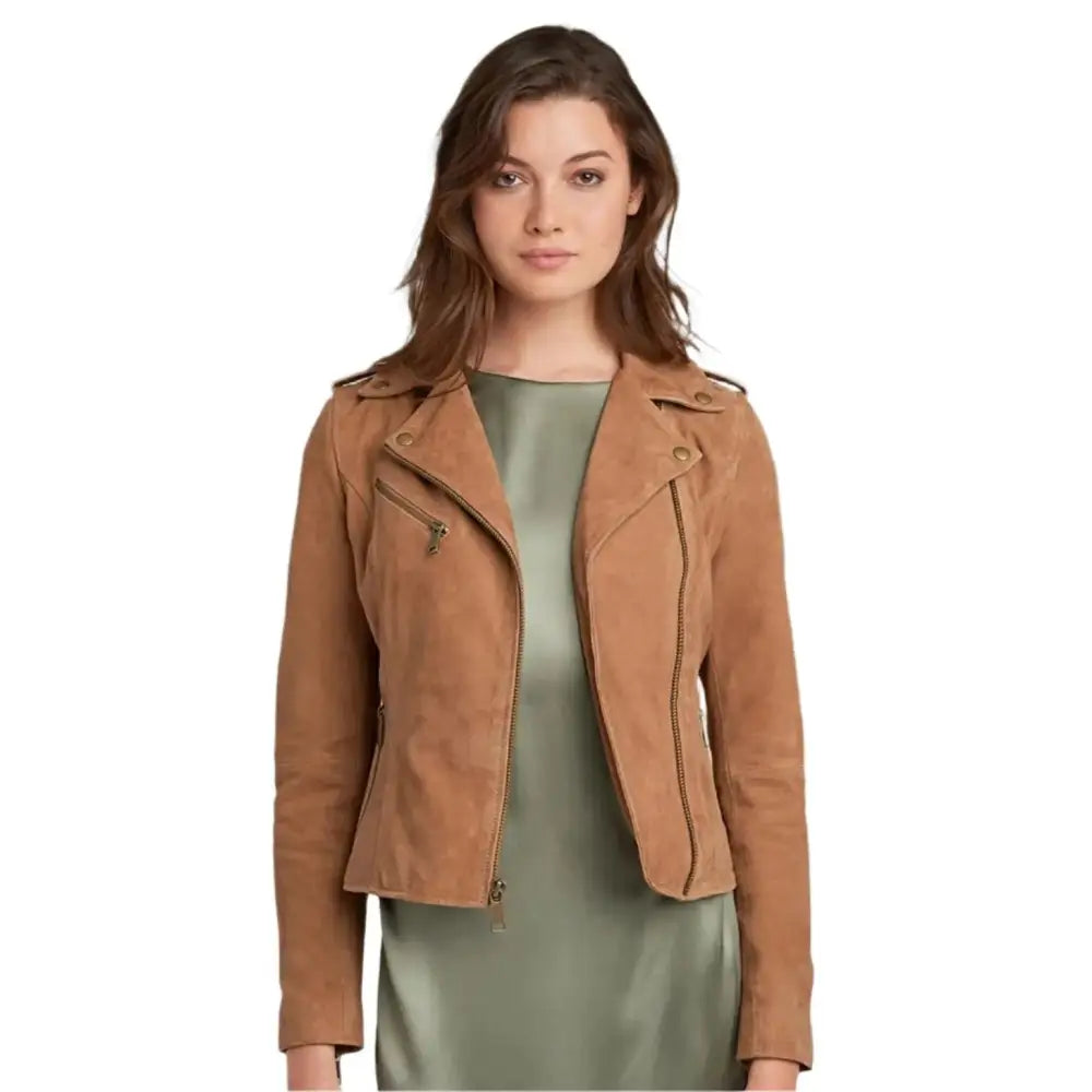 Women’s Tan Brown Suede Leather Moto Jacket-0