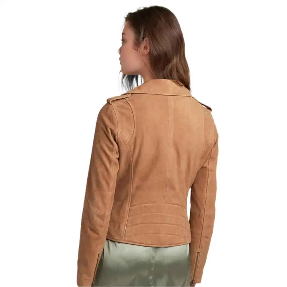Women’s Tan Brown Suede Leather Moto Jacket-2