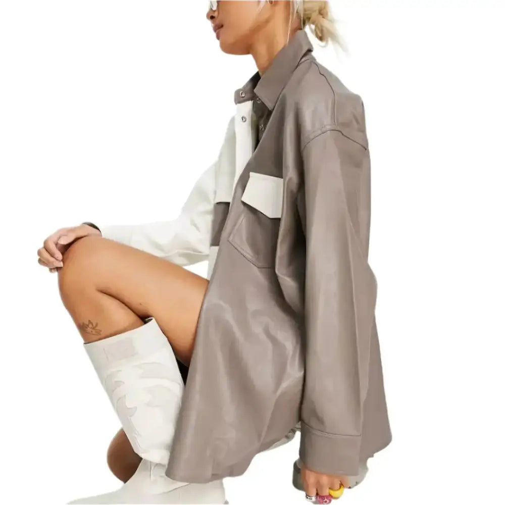 Women’s White and Gray Leather Shirt-3