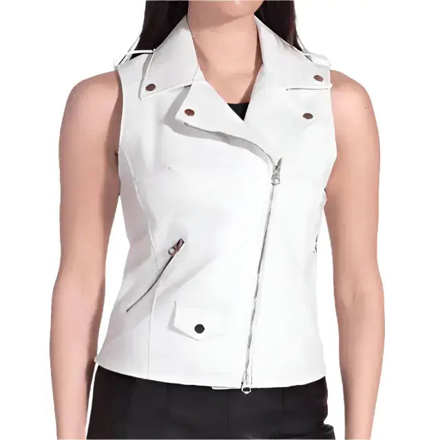 Women's White Leather Biker Vest-0